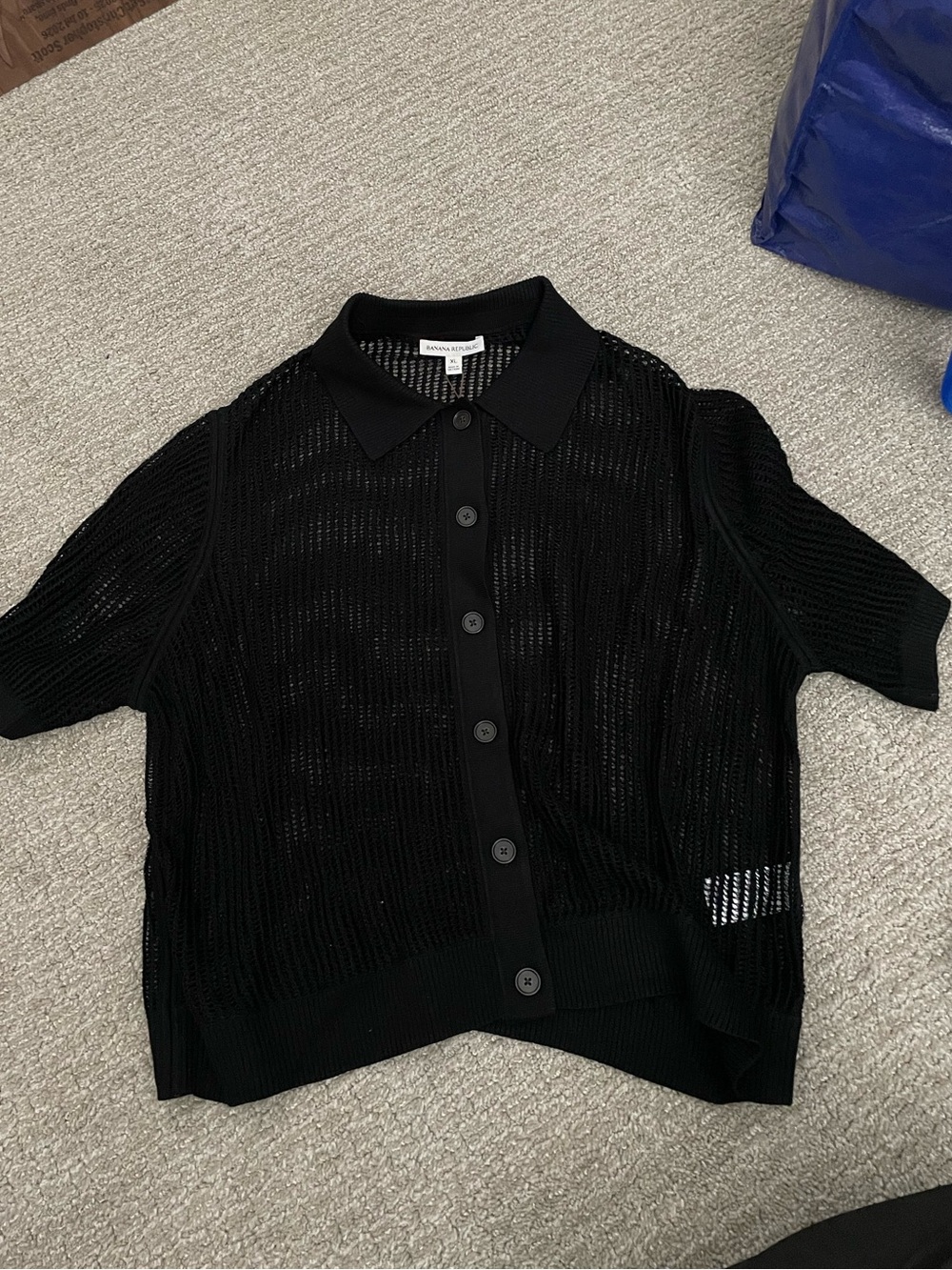 Banana Republic Black Short-Sleeve Open Knit Polo Cardigan